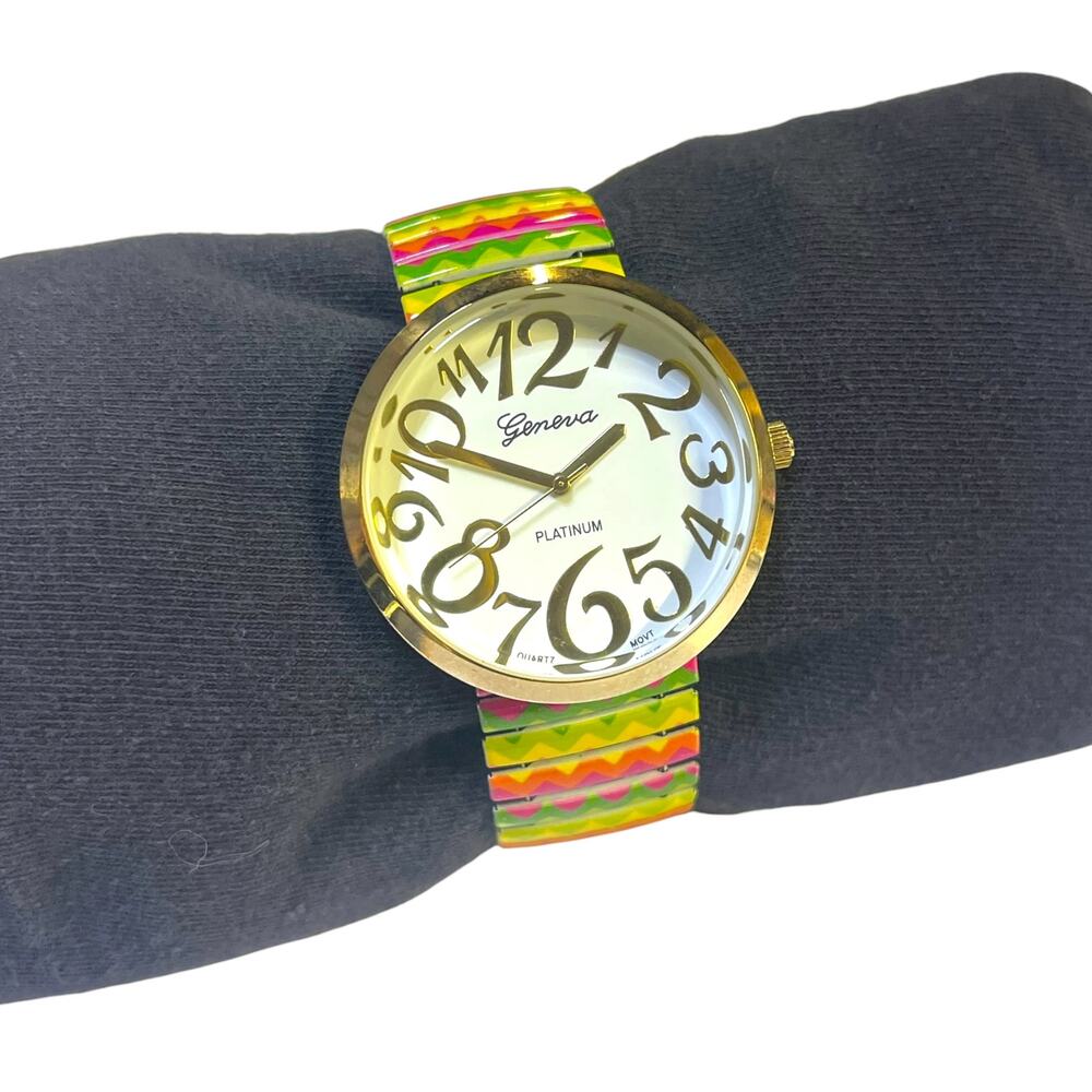 Geneva Platinum Rainbow Chevron Stretch Band Watch Gold Tone Untested